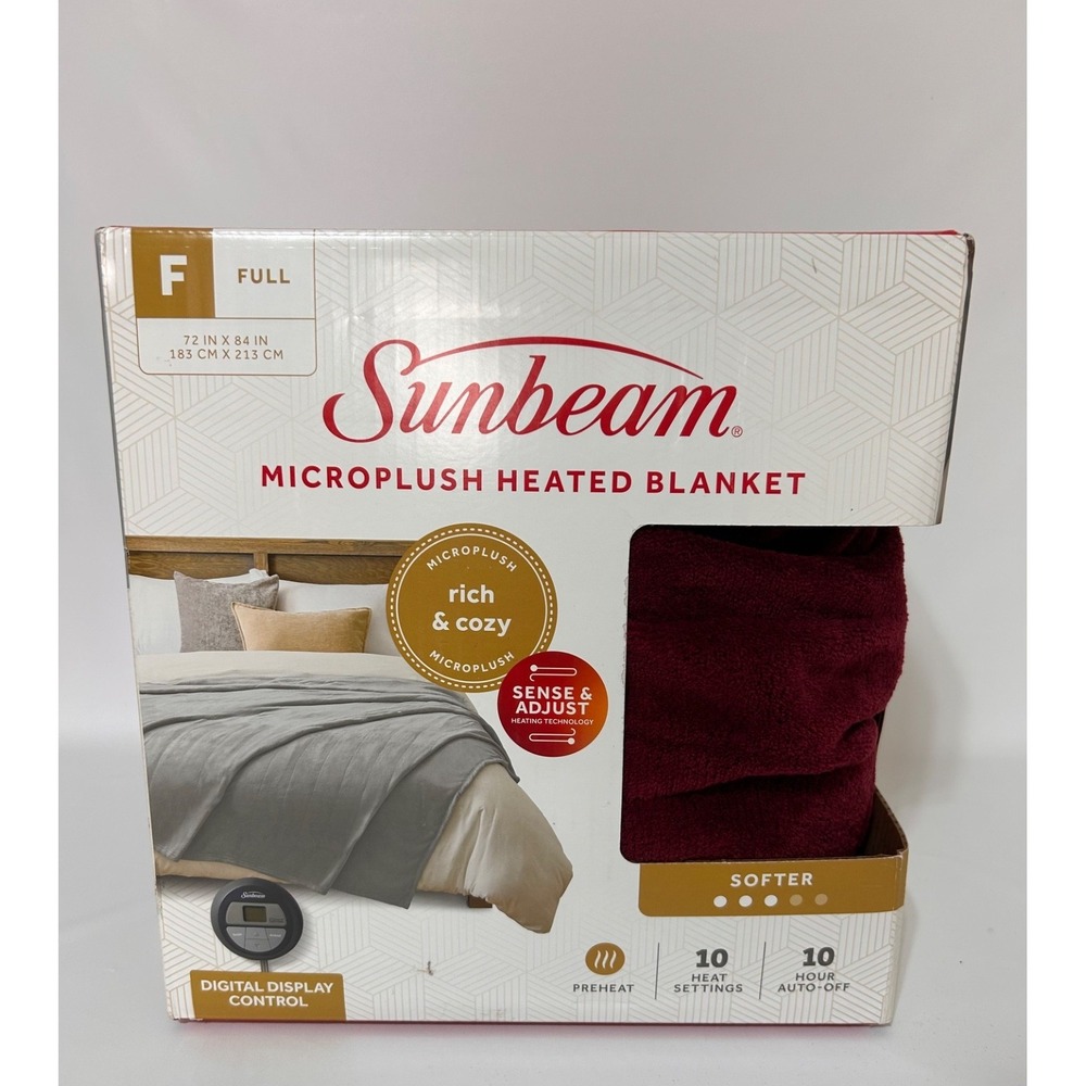 Sunbeam Heated Blanket Microplush 10 Heat Settings Size Full Burgundy